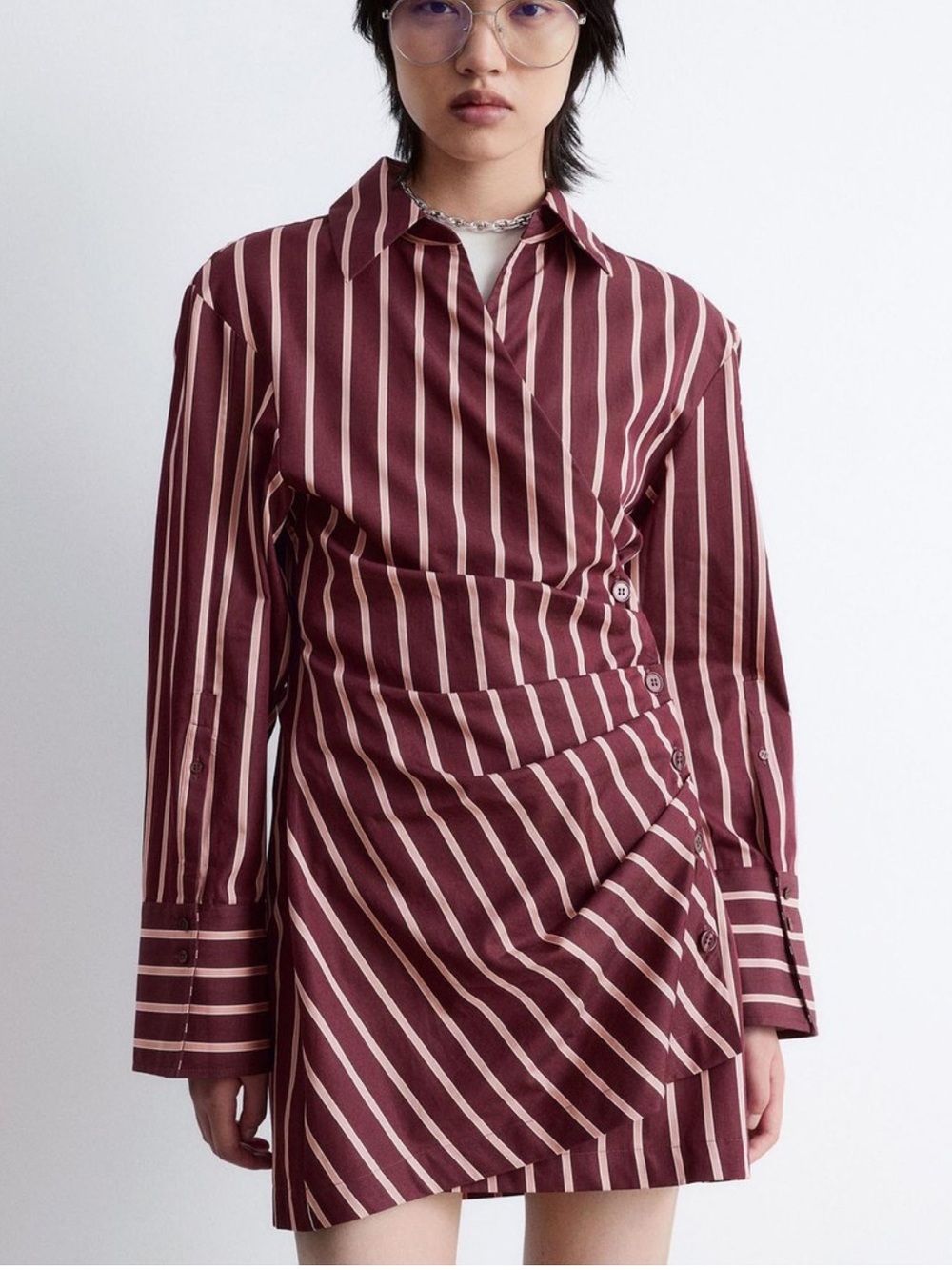 & Other Stories Red Striped Wrap Shirt Mini Dress
